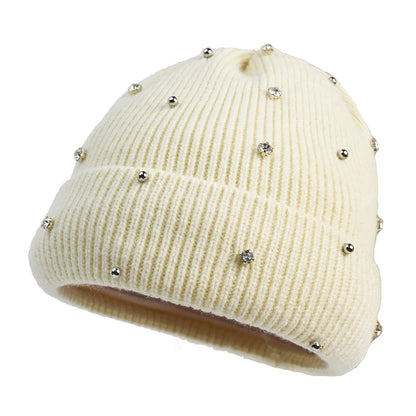 Women's cozy knit beanie with fold-over cuff and rhinestone embellishments – Beige