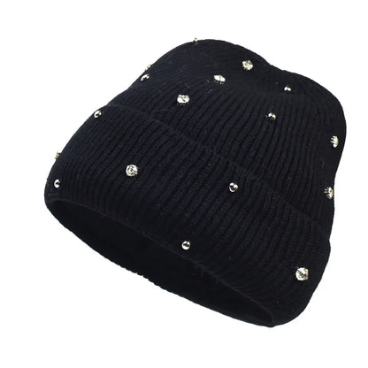 Women's cozy knit beanie with fold-over cuff and rhinestone embellishments – Black