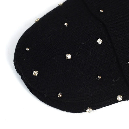 Women's cozy knit beanie with fold-over cuff and rhinestone embellishments