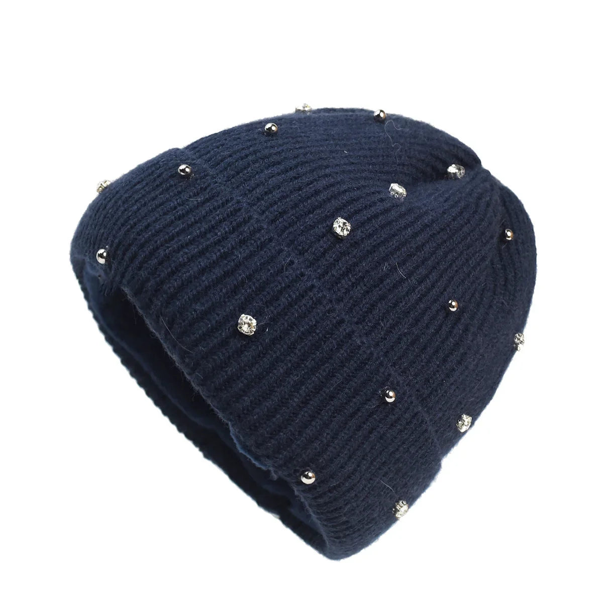 Women's cozy knit beanie with fold-over cuff and rhinestone embellishments – Navy
