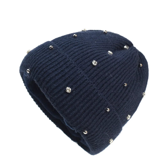 Women's cozy knit beanie with fold-over cuff and rhinestone embellishments – Navy