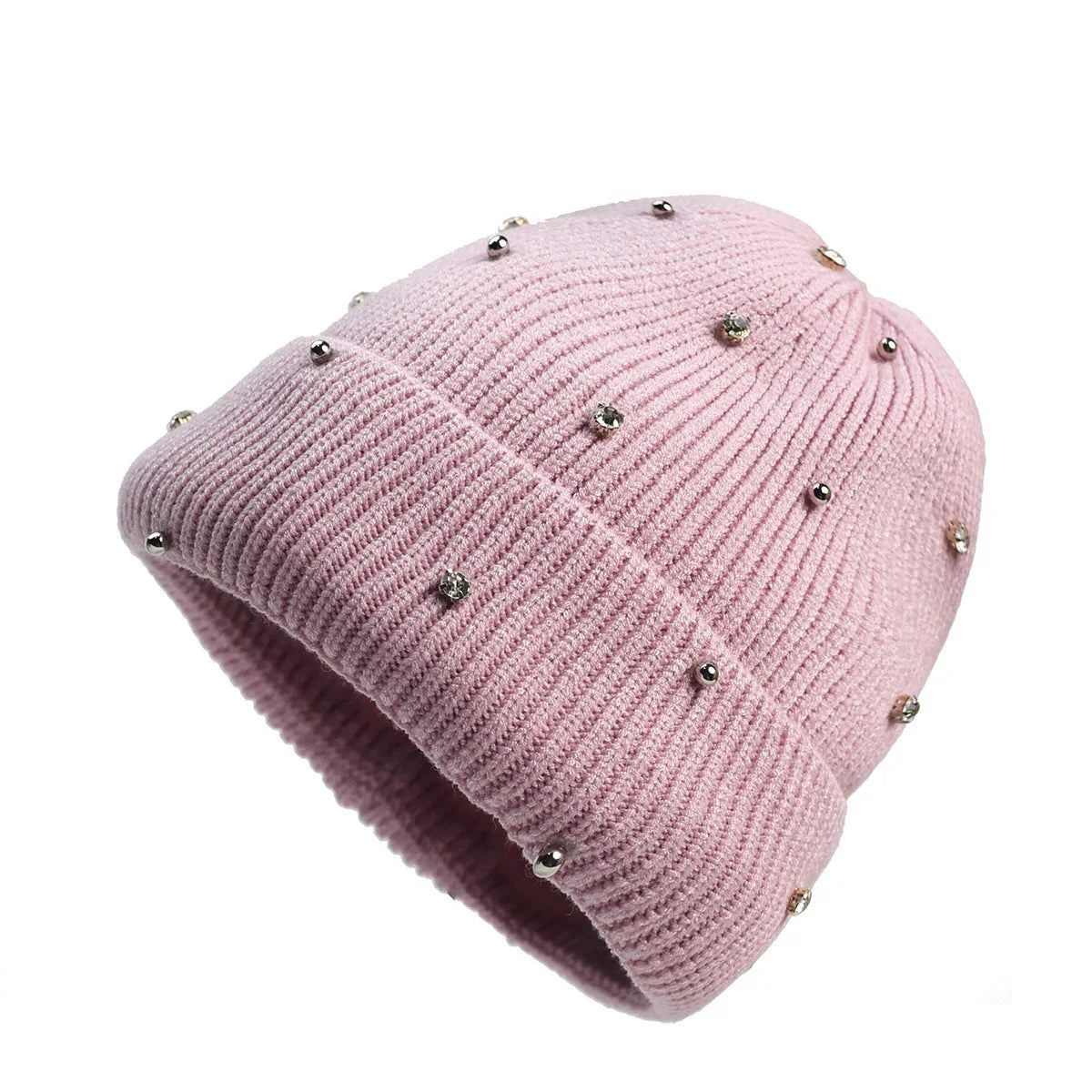 Women's cozy knit beanie with fold-over cuff and rhinestone embellishments – Pink