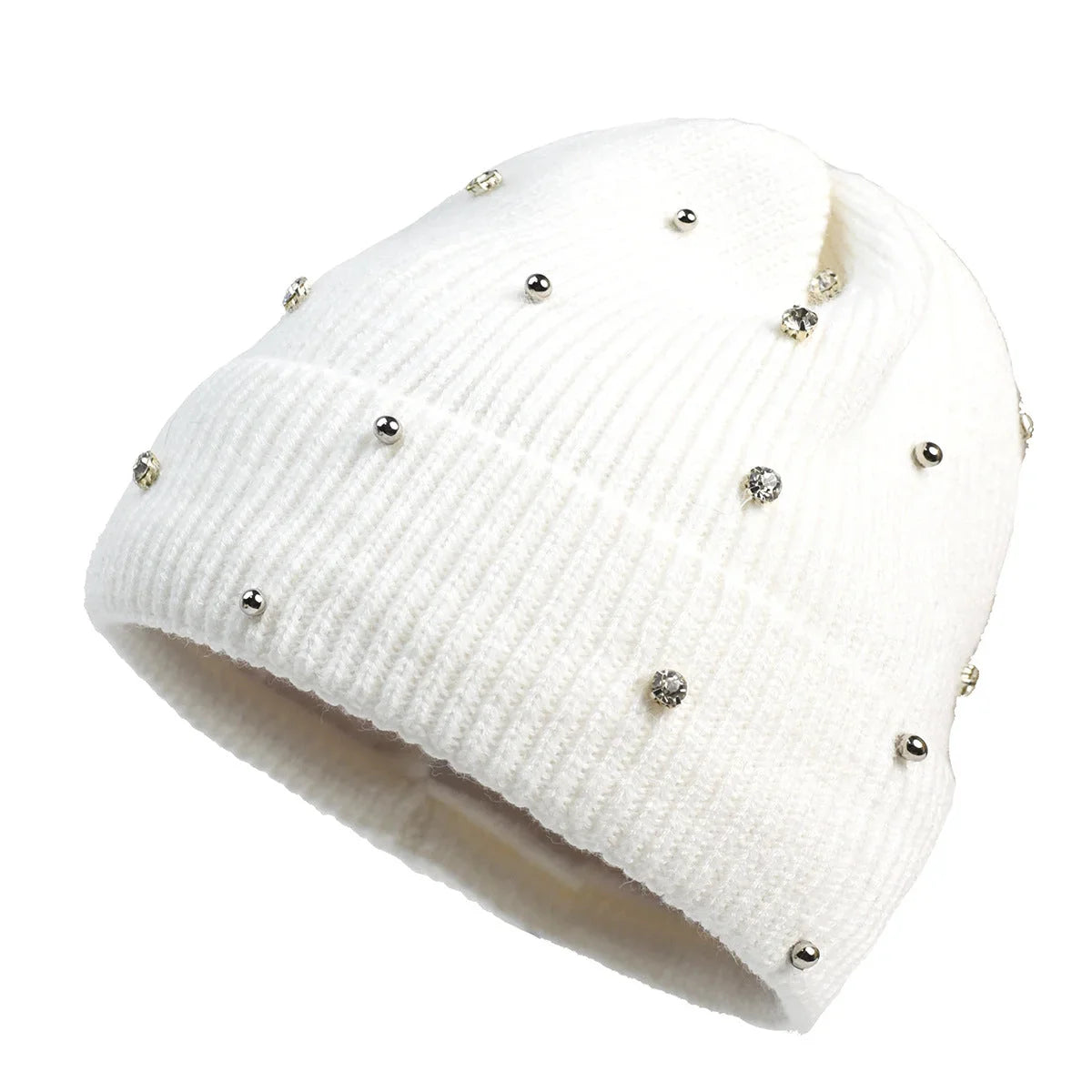 Women's cozy knit beanie with fold-over cuff and rhinestone embellishments – White