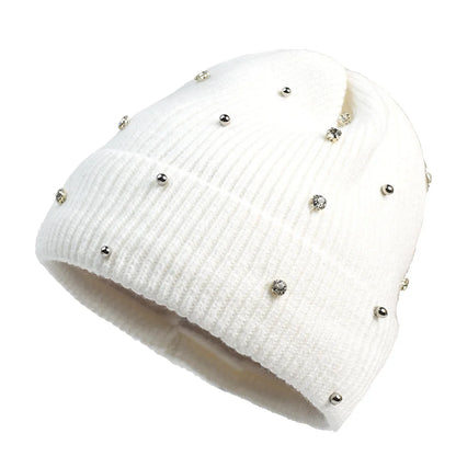 Women's cozy knit beanie with fold-over cuff and rhinestone embellishments – White