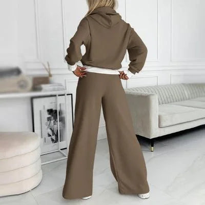 Women's cozy knit matching set with drawstring hoodie and wide-leg pants