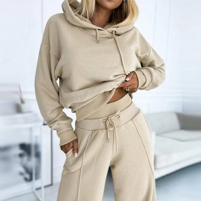 Women's cozy knit matching set with drawstring hoodie and wide-leg pants – Beige