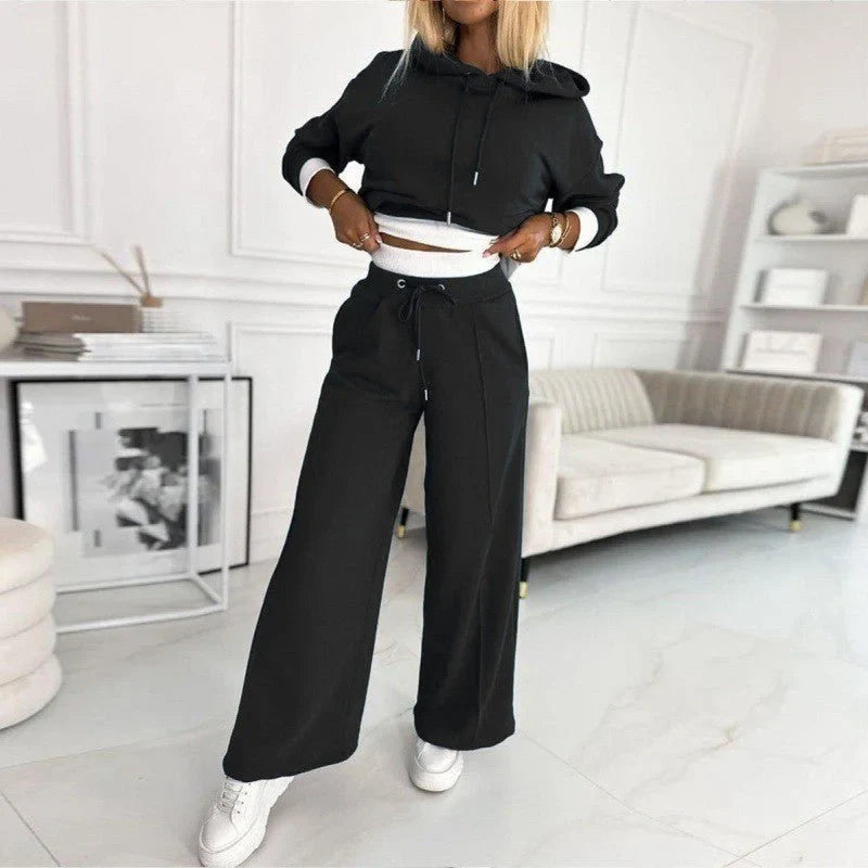 Women's cozy knit matching set with drawstring hoodie and wide-leg pants – Black