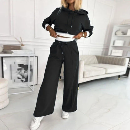 Women's cozy knit matching set with drawstring hoodie and wide-leg pants – Black