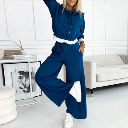 Women's cozy knit matching set with drawstring hoodie and wide-leg pants – Blue