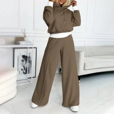 Women's cozy knit matching set with drawstring hoodie and wide-leg pants – Brown