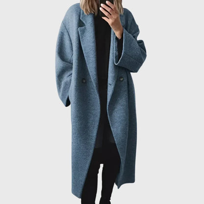 Women's cozy longline oversized wool-blend coat with double-breasted closure – Blue