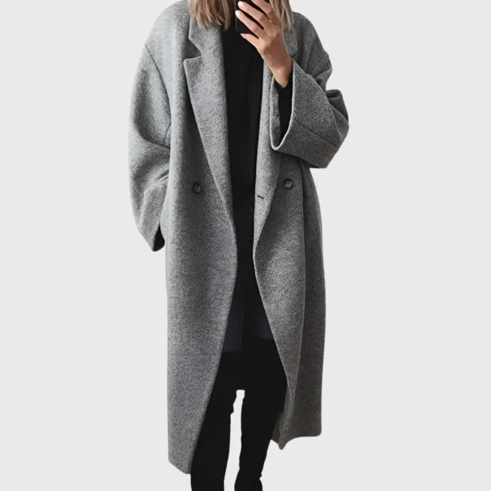 Women's cozy longline oversized wool-blend coat with double-breasted closure – Grey