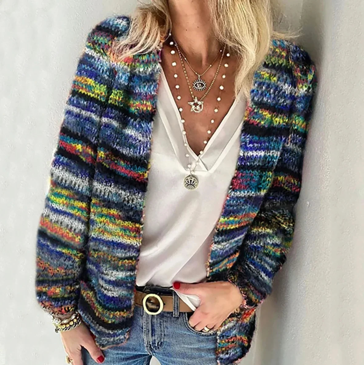 Women's cozy knit open-front cardigan sweater with long-sleeve loose-fit – Blue