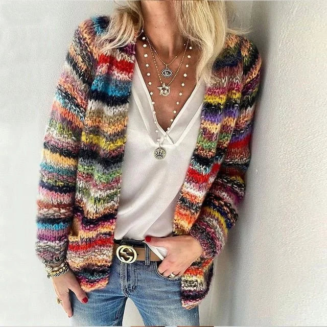Women's cozy knit open-front cardigan sweater with long-sleeve loose-fit – Red