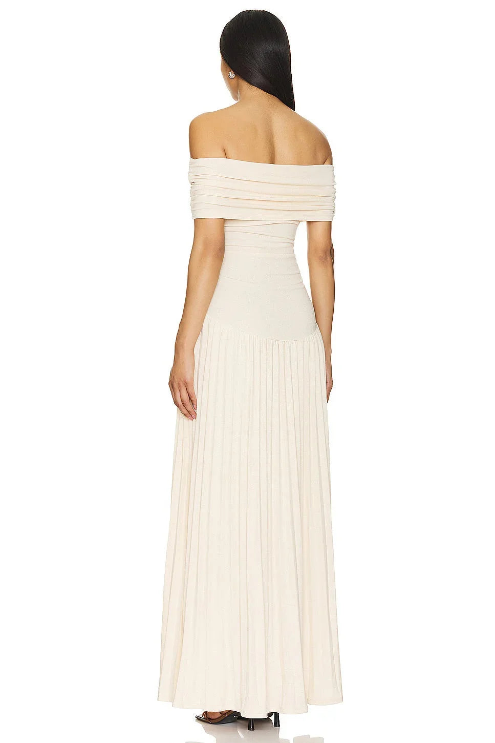 Women's flowy summer maxi dress with off-shoulder neckline and pleated skirt