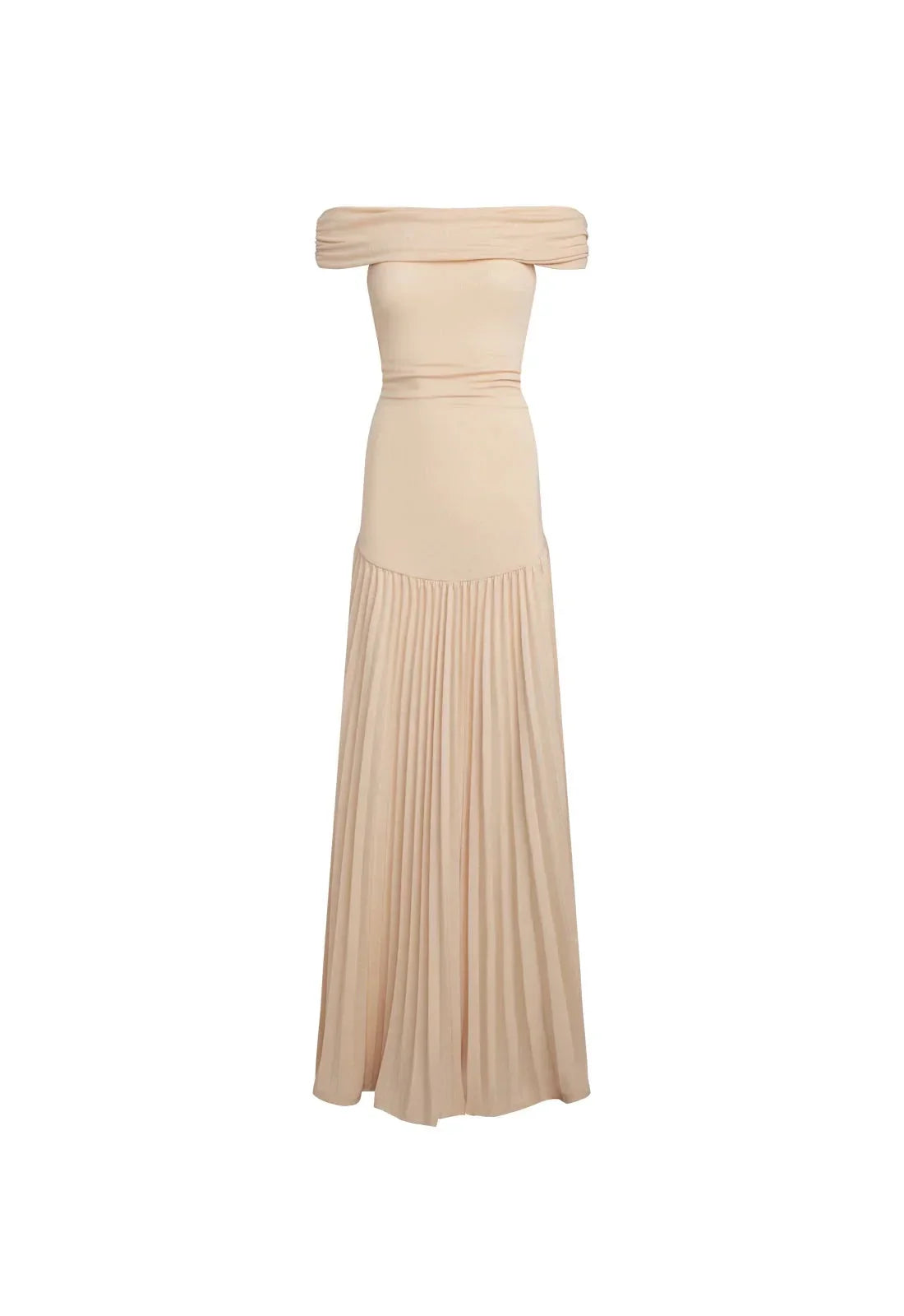 Women's flowy summer maxi dress with off-shoulder neckline and pleated skirt