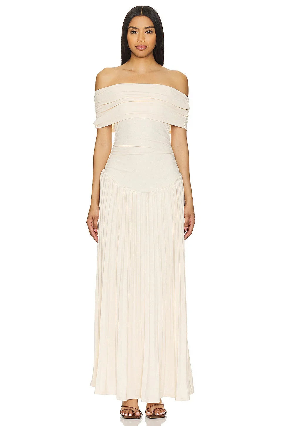 Women's flowy summer maxi dress with off-shoulder neckline and pleated skirt