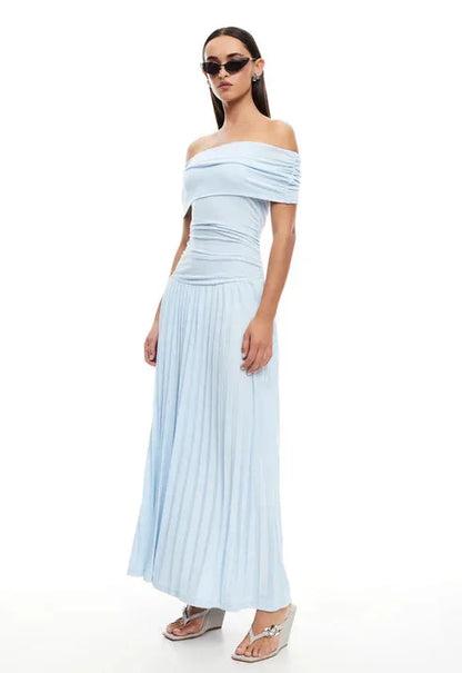 Women's flowy summer maxi dress with off-shoulder neckline and pleated skirt