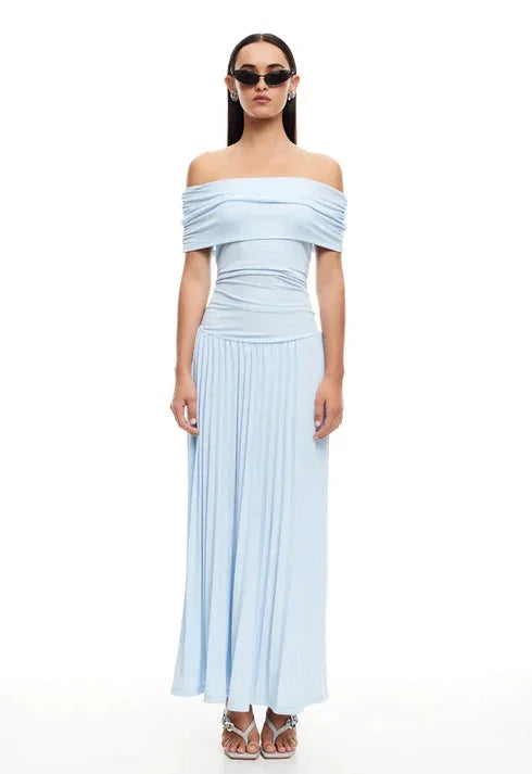 Women's flowy summer maxi dress with off-shoulder neckline and pleated skirt – Sky Blue