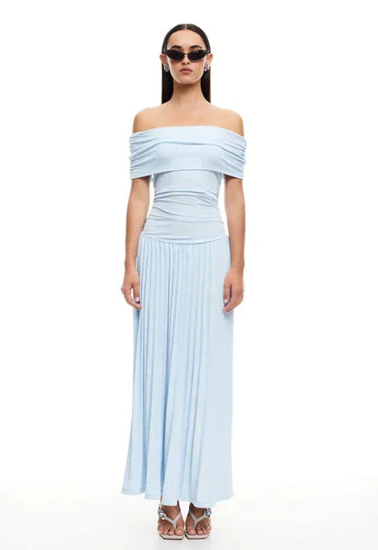 Women's flowy summer maxi dress with off-shoulder neckline and pleated skirt – Sky Blue