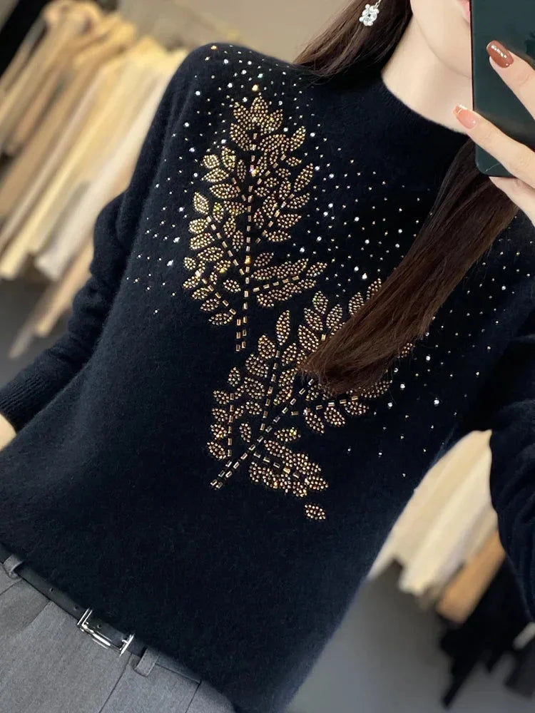 Women's rhinestone-leaf-pattern knit sweater with mock-neck long-sleeves