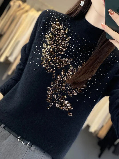 Women's rhinestone-leaf-pattern knit sweater with mock-neck long-sleeves