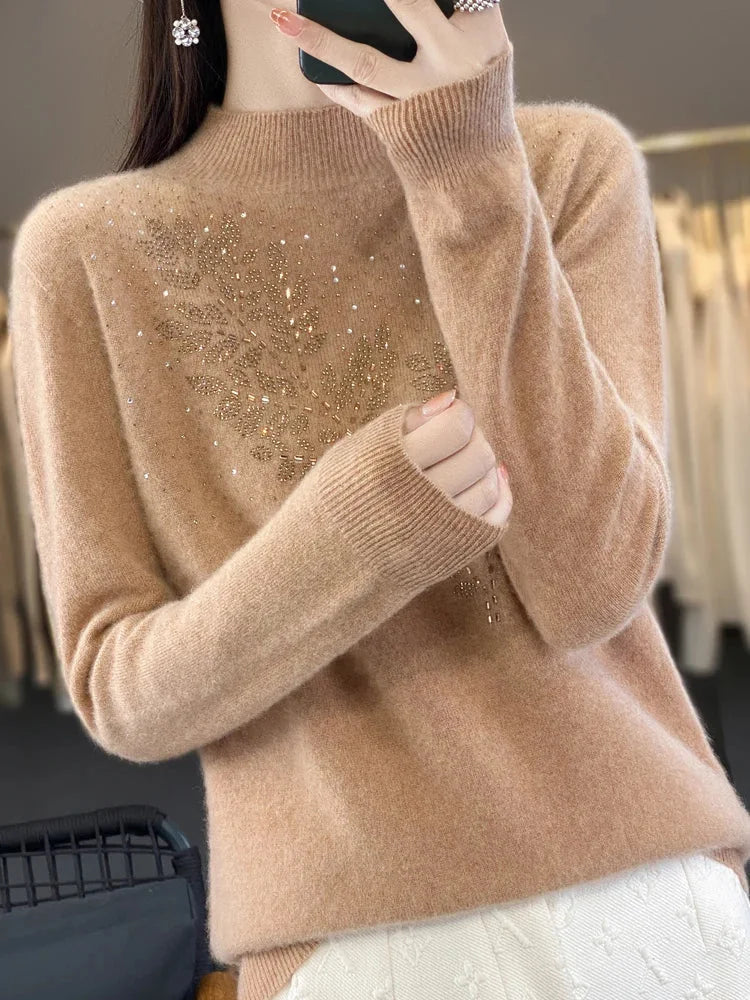 Women's rhinestone-leaf-pattern knit sweater with mock-neck long-sleeves