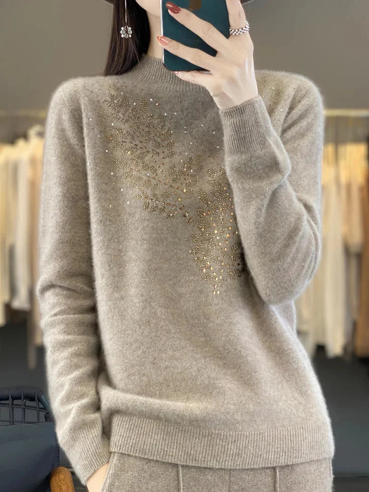 Women's rhinestone-leaf-pattern knit sweater with mock-neck long-sleeves