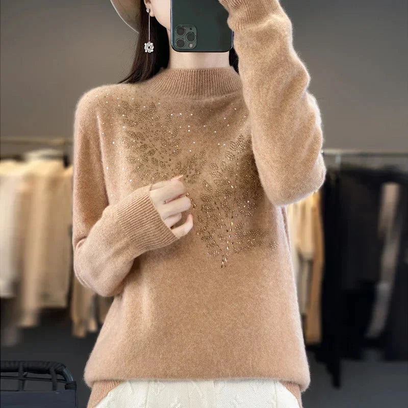 Women's rhinestone-leaf-pattern knit sweater with mock-neck long-sleeves – Beige