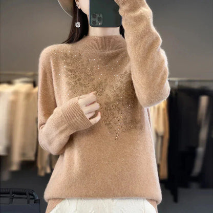 Women's rhinestone-leaf-pattern knit sweater with mock-neck long-sleeves – Beige