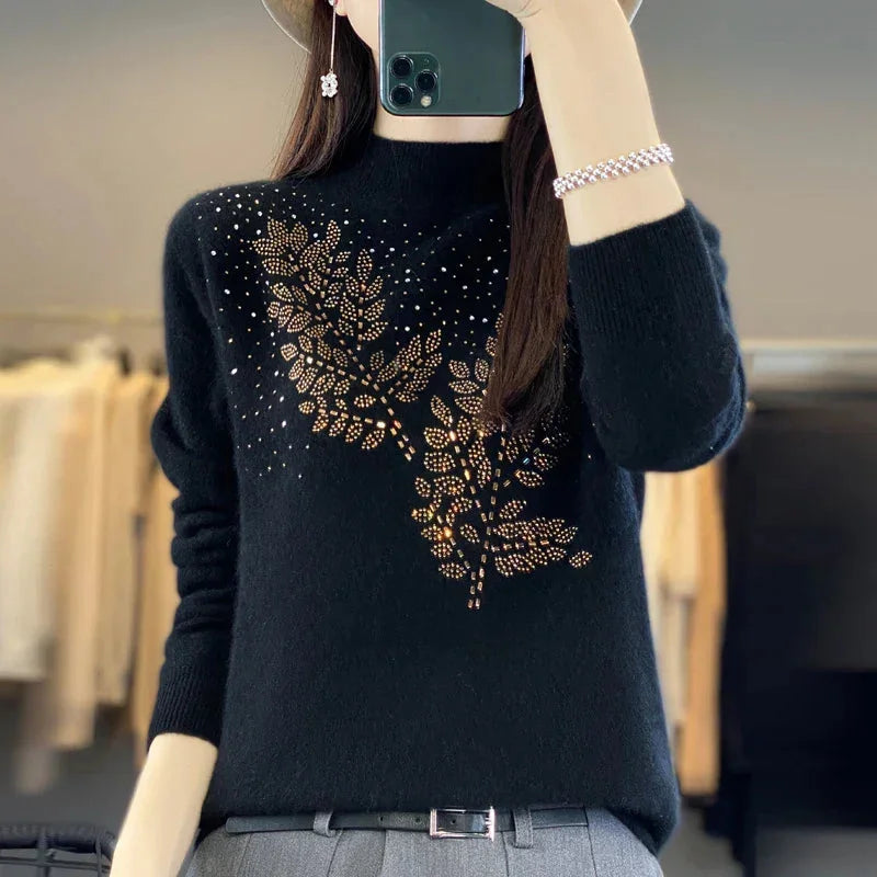 Women's rhinestone-leaf-pattern knit sweater with mock-neck long-sleeves – Black