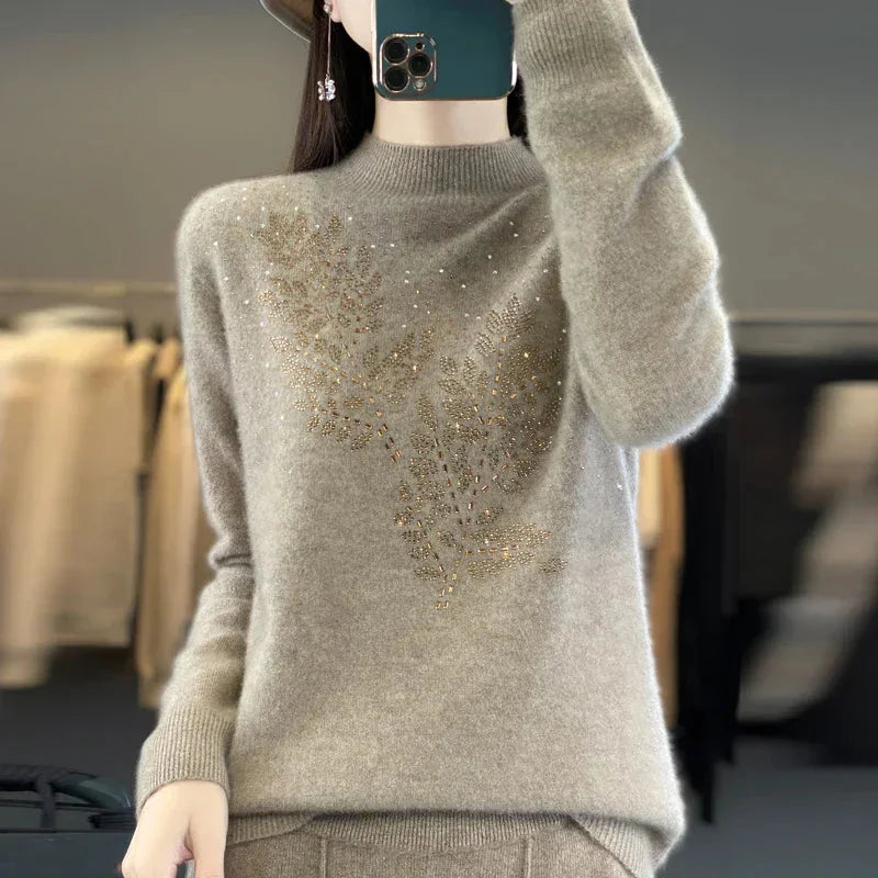Women's rhinestone-leaf-pattern knit sweater with mock-neck long-sleeves – Camel