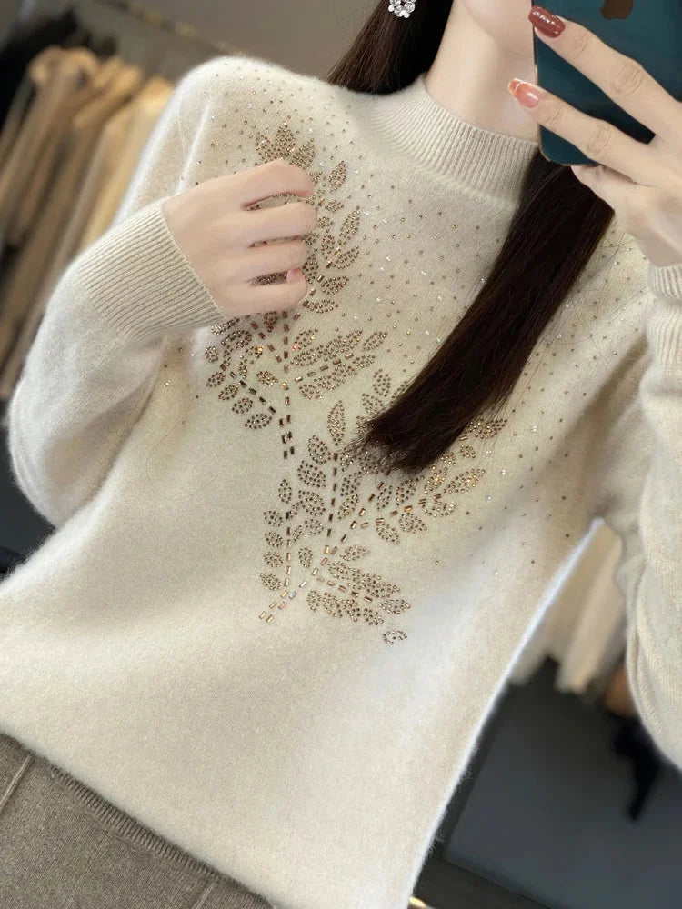 Women's rhinestone-leaf-pattern knit sweater with mock-neck long-sleeves