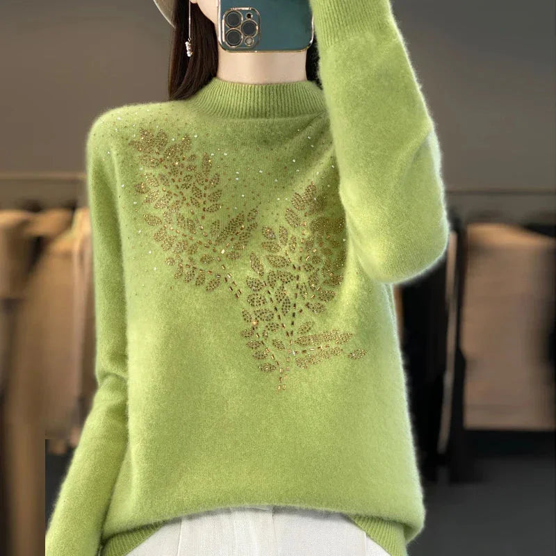 Women's rhinestone-leaf-pattern knit sweater with mock-neck long-sleeves
