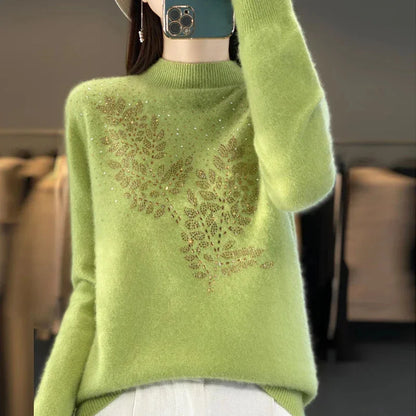 Women's rhinestone-leaf-pattern knit sweater with mock-neck long-sleeves