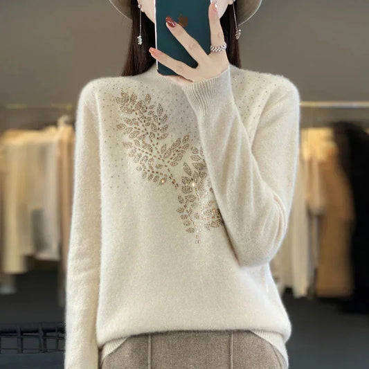Women's rhinestone-leaf-pattern knit sweater with mock-neck long-sleeves – Gold Camel