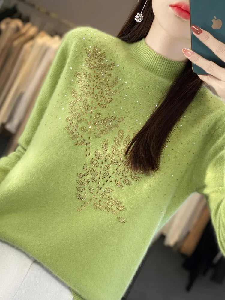 Women's rhinestone-leaf-pattern knit sweater with mock-neck long-sleeves – Green