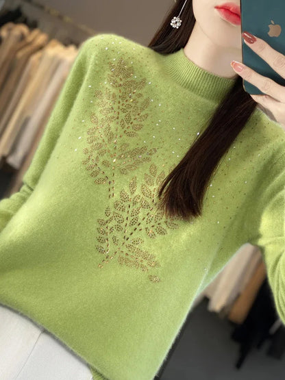 Women's rhinestone-leaf-pattern knit sweater with mock-neck long-sleeves – Green