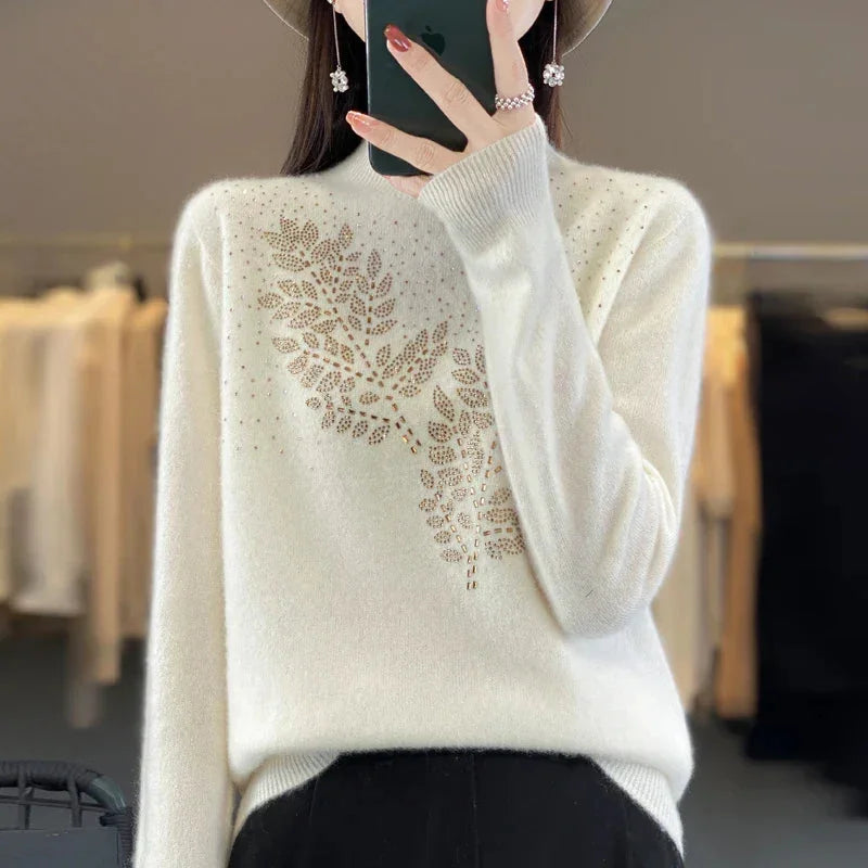 Women's rhinestone-leaf-pattern knit sweater with mock-neck long-sleeves – White