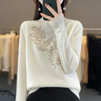 Women's rhinestone-leaf-pattern knit sweater with mock-neck long-sleeves – White
