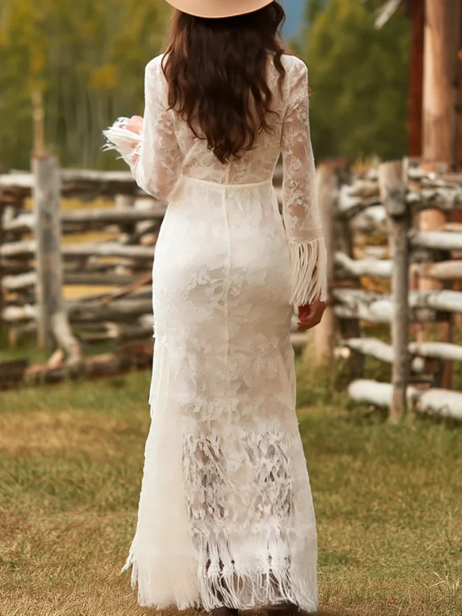 Women's creme lace tassel maxi dress with V-neck long-sleeves and front slit