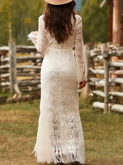 Women's creme lace tassel maxi dress with V-neck long-sleeves and front slit