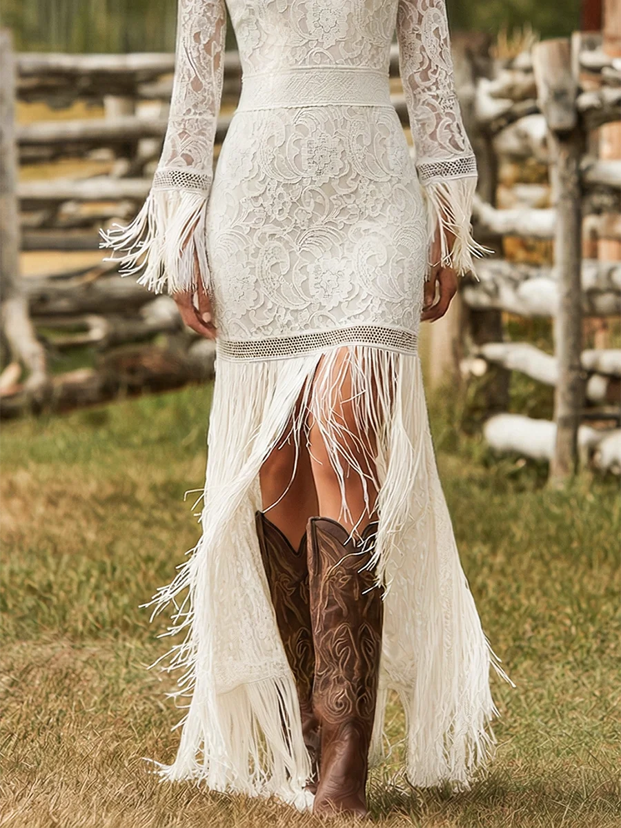 Women's creme lace tassel maxi dress with V-neck long-sleeves and front slit