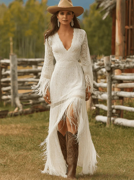 Women's creme lace tassel maxi dress with V-neck long-sleeves and front slit