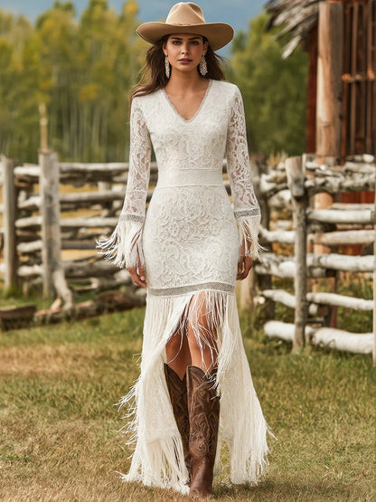 Women's creme lace tassel maxi dress with V-neck long-sleeves and front slit