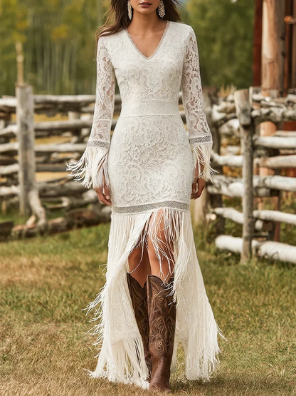 Women's creme lace tassel maxi dress with V-neck long-sleeves and front slit – White