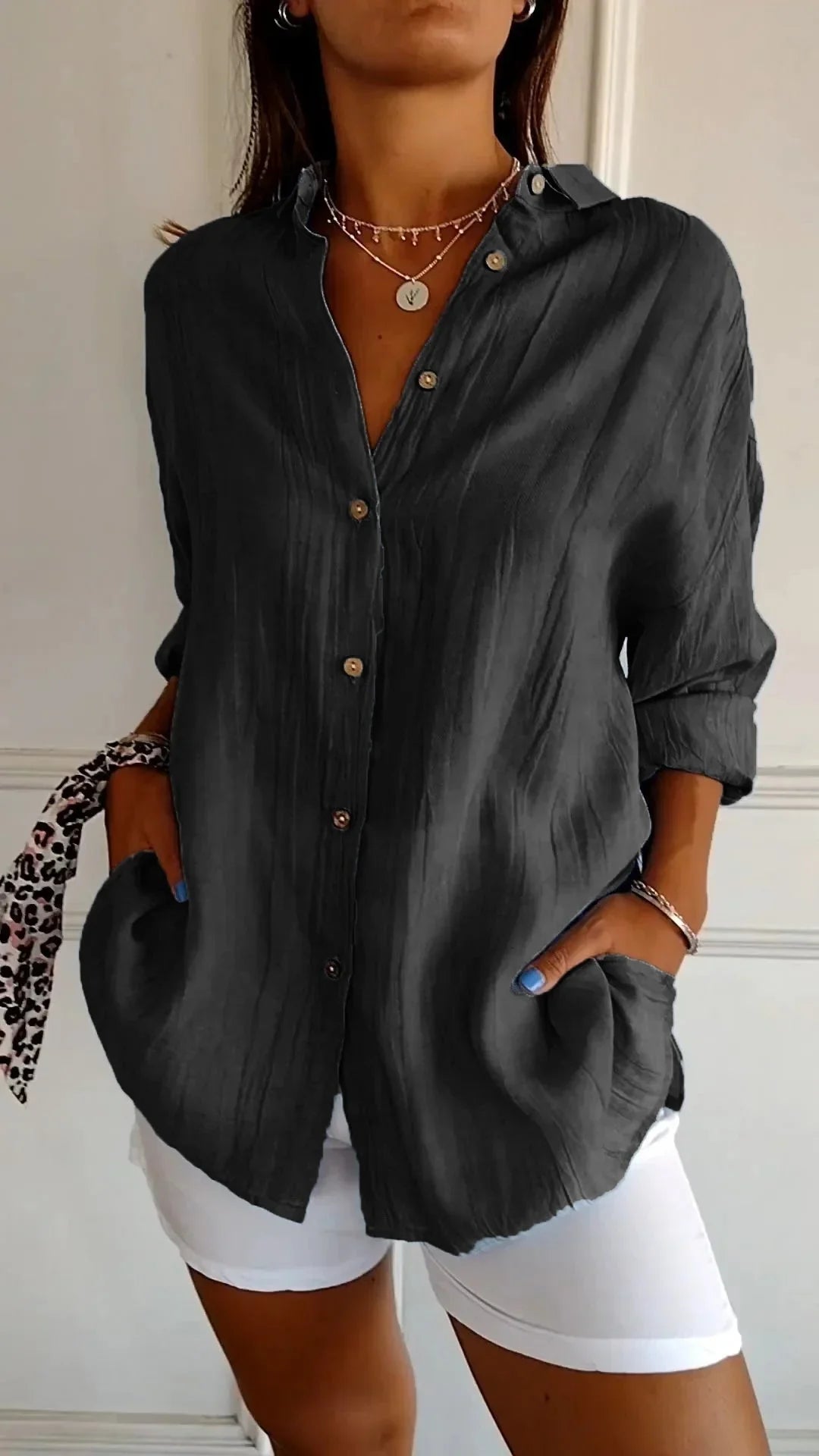 Women's crinkled casual oversized button-down shirt with long sleeves – Black