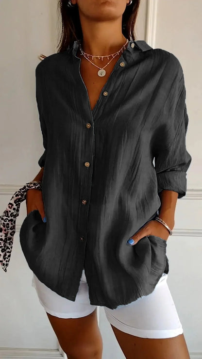 Women's crinkled casual oversized button-down shirt with long sleeves – Black