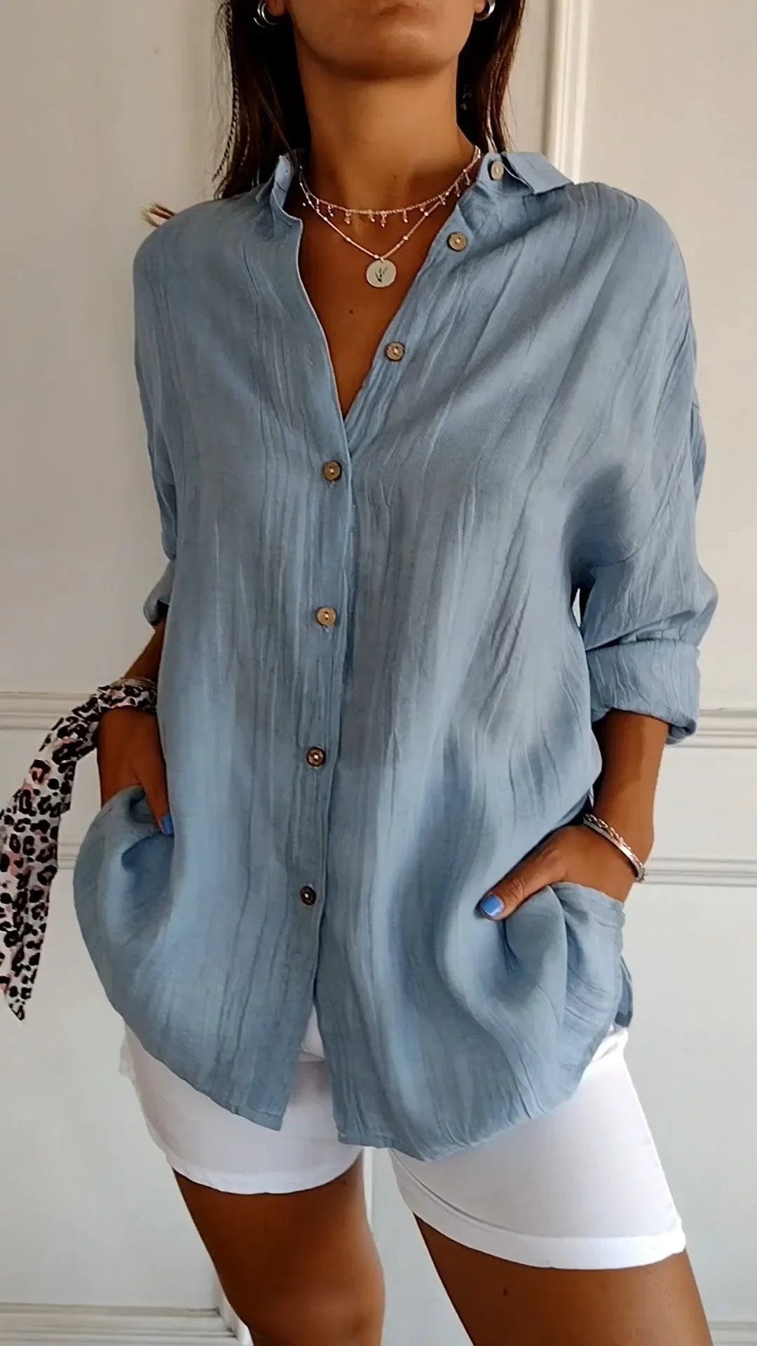 Women's crinkled casual oversized button-down shirt with long sleeves – Blue