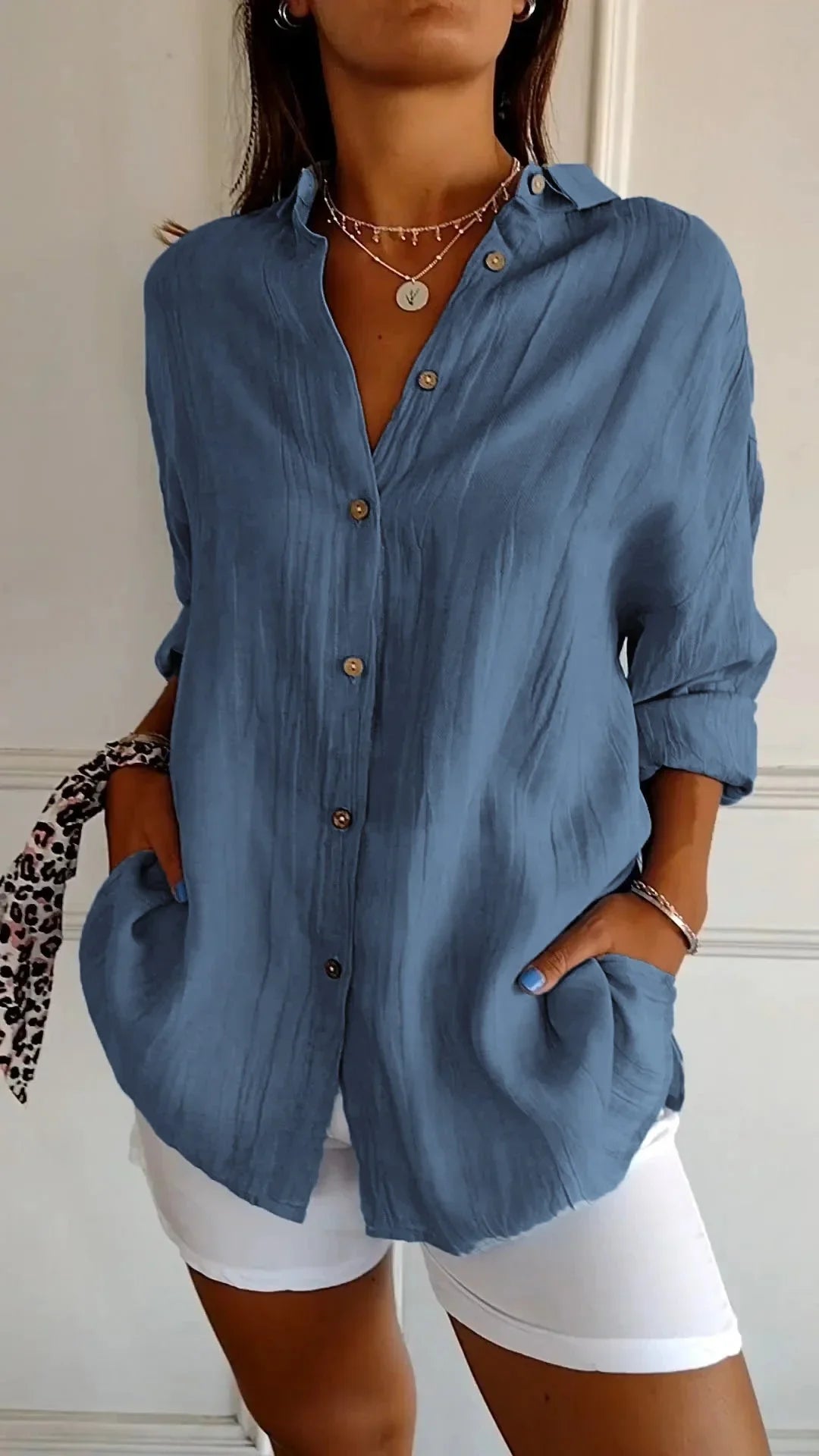 Women's crinkled casual oversized button-down shirt with long sleeves – Dark blue